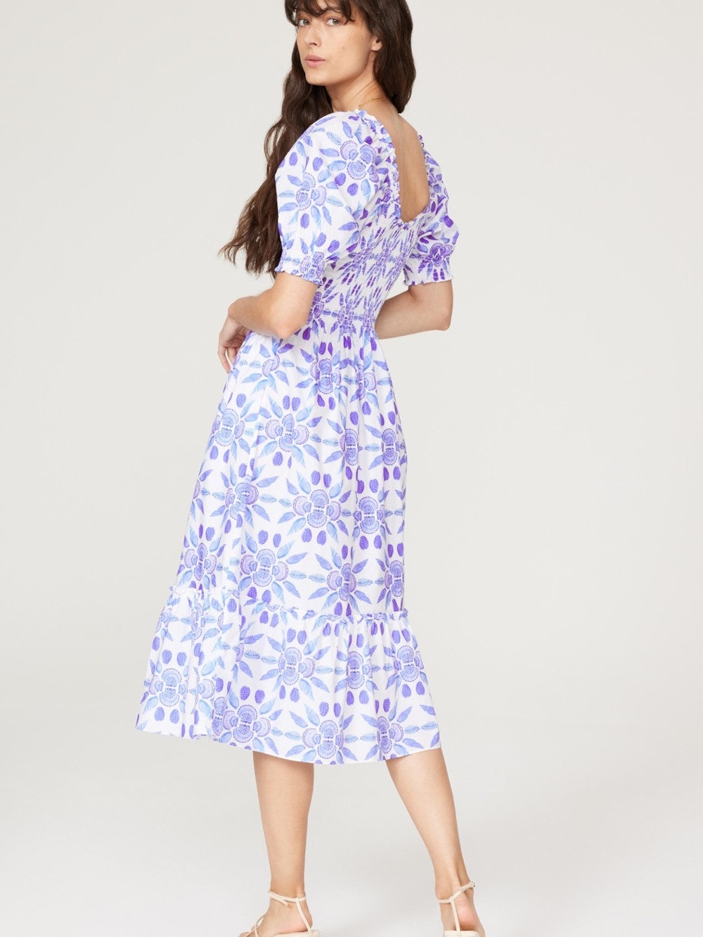 Hill House Blue Purple Shell Louisa Mosaic Floral Smocked Midi Dress Medium M 🐚 - Picture 4 of 6